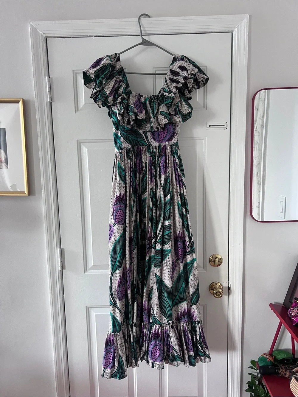 Anthropologie x Sika White, Teal & Purple Ruffled Maxi Dress